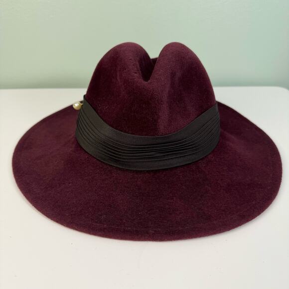 VTG BETMAR New York Fedora Hat For Women 7.5" Felt Wool Wide Brim Pearl Burgundy - Picture 10 of 10